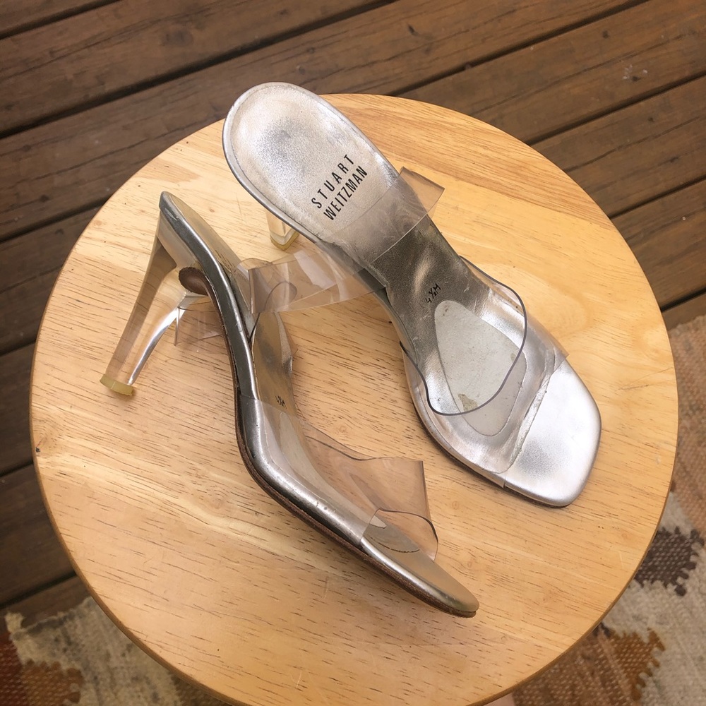 Clear lucite Stuart Weitzman pleaser heels / mules